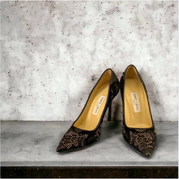 NEW JIMMY CHOO -- Stiletto Heels, Black, "Abel," Leather w/Gold Studs, Evening - Picture 2 of 15